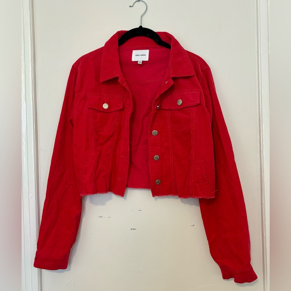 Red soft denim style cropped jacket